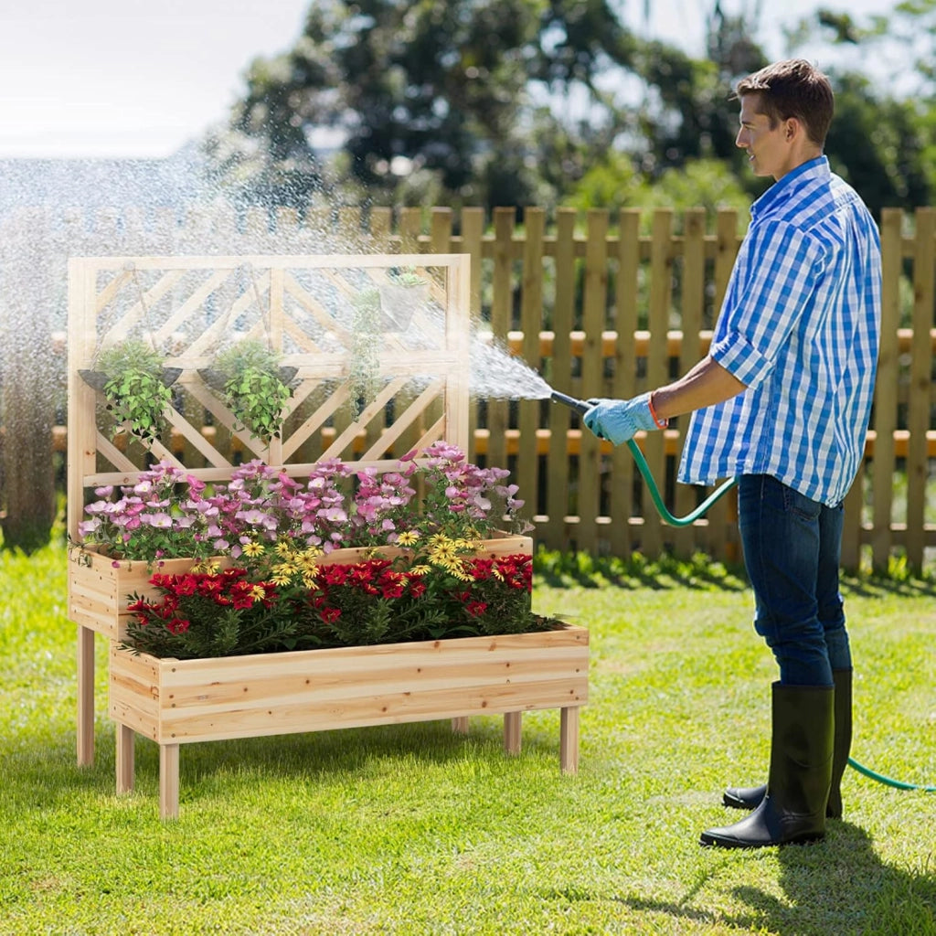 Fioriera da Giardino a 2 Livelli con Traliccio, Letto Rialzatto con Gambe in Legno, Foro di Drenaggio, Fioriera da Interno ed Esterno per Frutta, Verdura, Fiori ed Erbe Rampicanti (Legno)