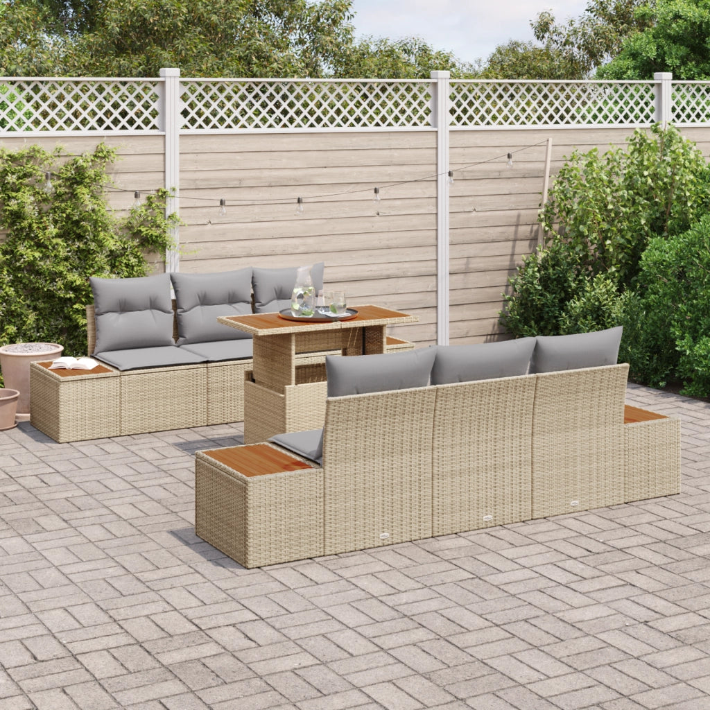 Set da pranzo da giardino 7 pezzi con cuscini beige in polirattan e acacia