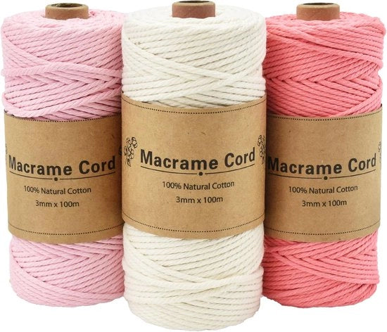 Tessuto macramé in cotone 3 mm, 3 x 100 m, colori Rosso chiaro, Beige, Rosa chiaro, morbido
