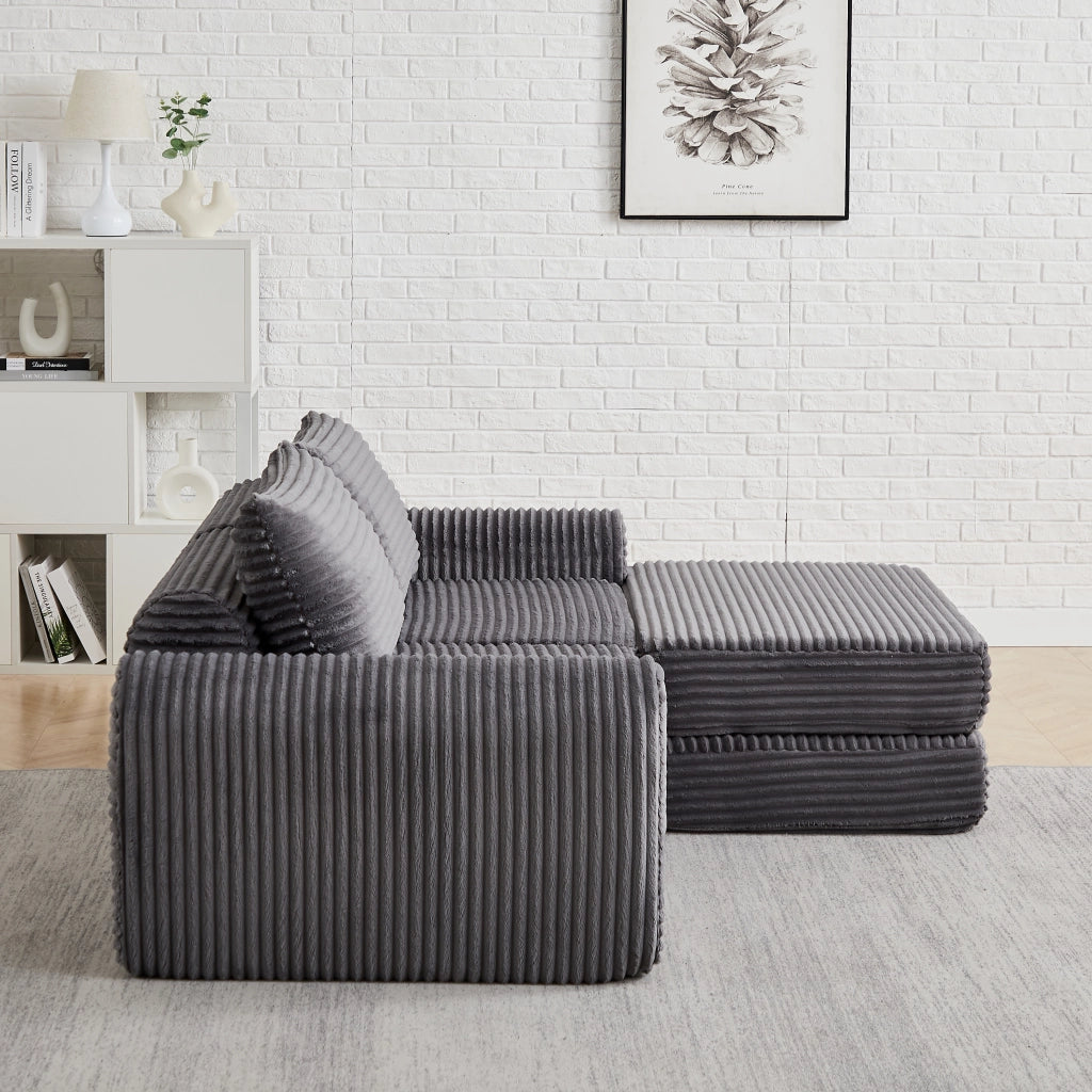 Divano Letto 2 in 1 con Pouf Estraibile e Cuscini ¨C Xylo ¨C Velluto a Coste Angolare Modulare