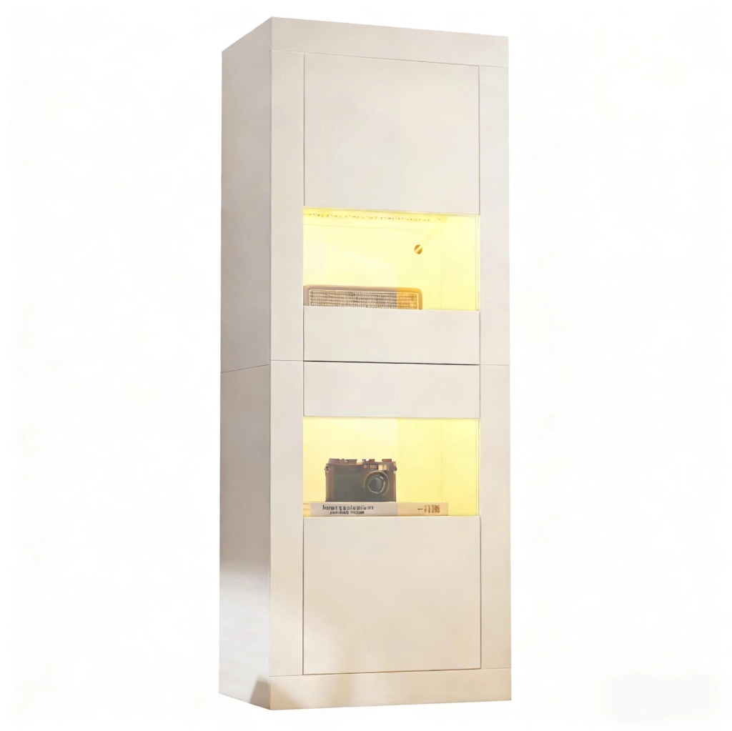 Vetrina bianca con LED e ante in acrilico; 61 x 42 x 162 cm; in truciolare e vetro temperato