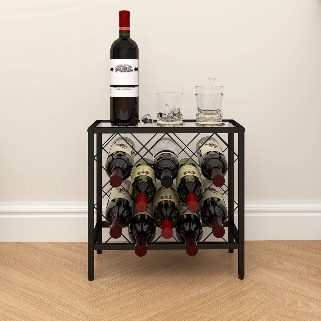 Portabottiglie Vini per 10 Bottiglie 41x22x41 cm con Piano d'Appoggio in Vetro in Acciaio Nero