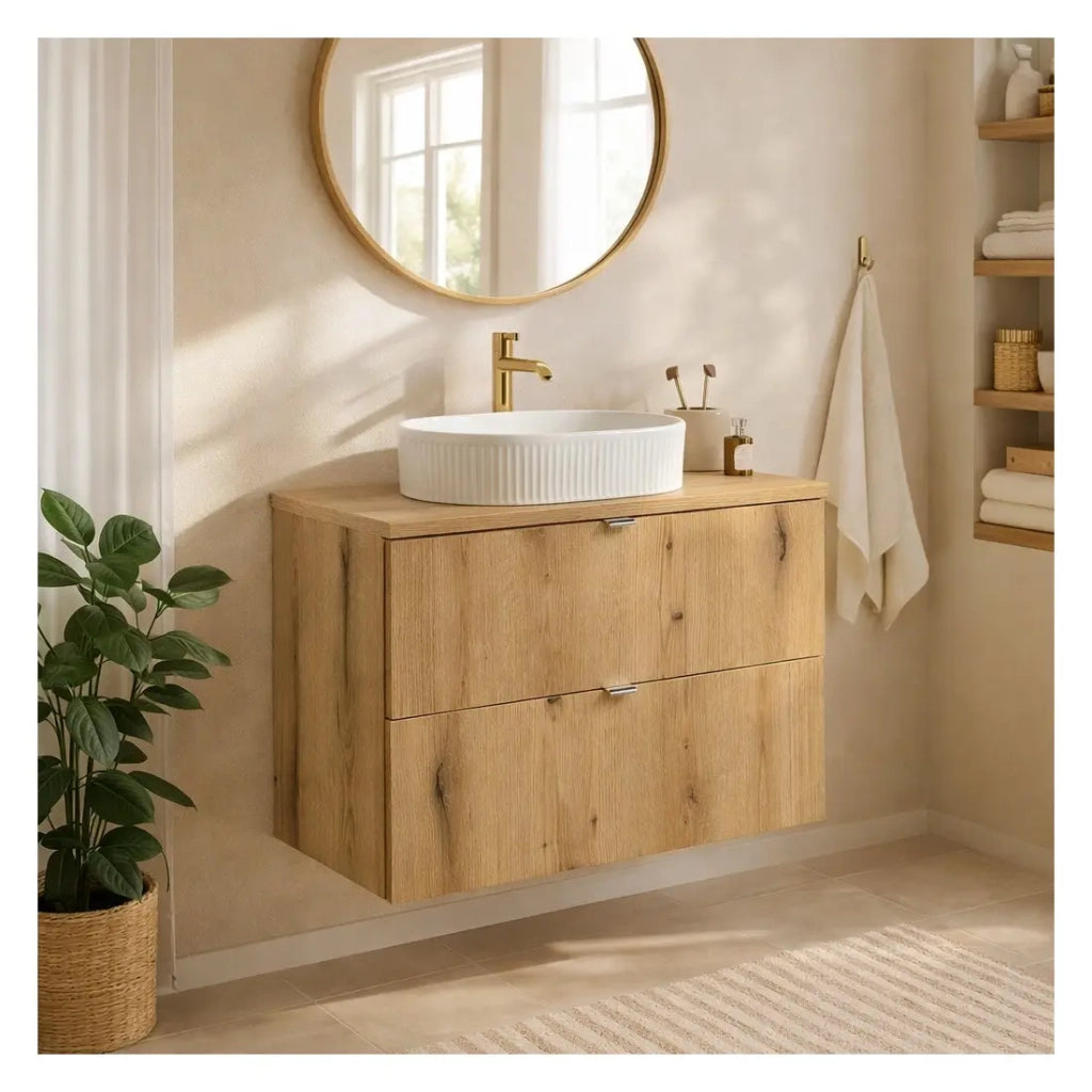Set da bagno sospeso VANO effetto rovere 80cm: mobili sotto lavabo con cassetti + piano per lavabo