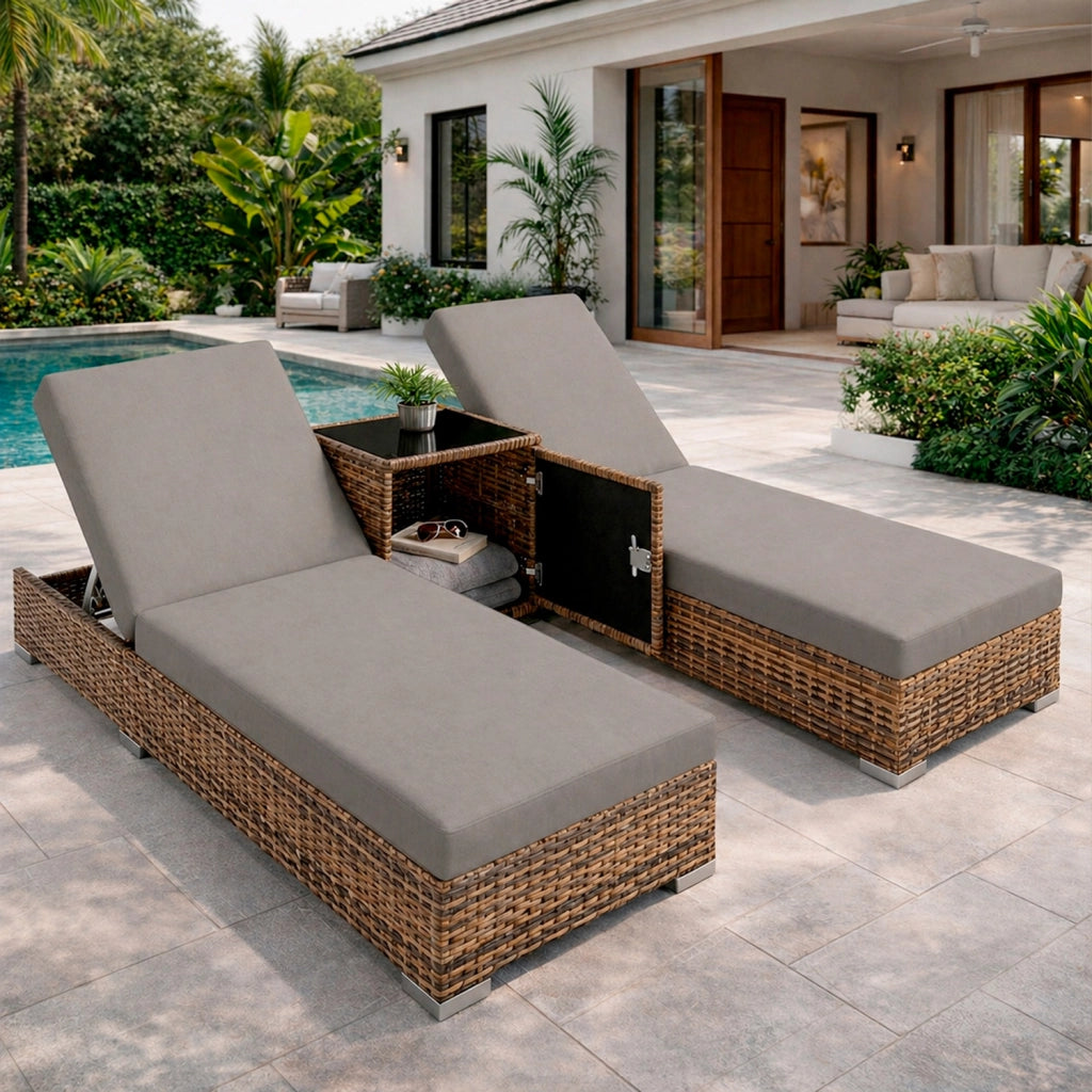 Set 2 Lettini Prendisole In Polyrattan Con Tavolino Sdraio Regolabile Da Giardino Terrazzo Piscina 184 x 60 x 21 Cm Marrone Chiaro E Grigio
