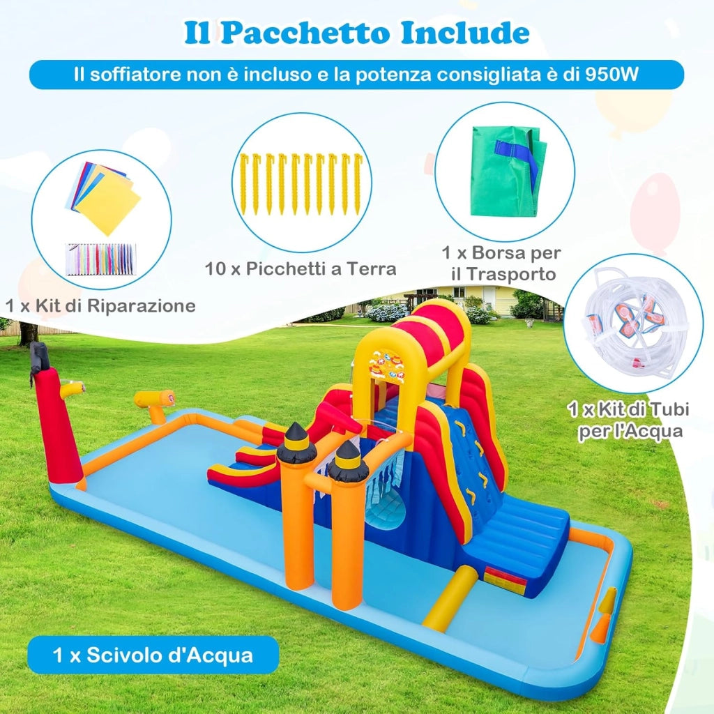 Castello Gonfiabile, Casa Gonfiabile con 2 Scivoli, Piscina, Parete da Arrampicata, Tunnel e Cannone d'Acqua, per Bambini di 3-10 Anni, 693 x 295 x 263 cm