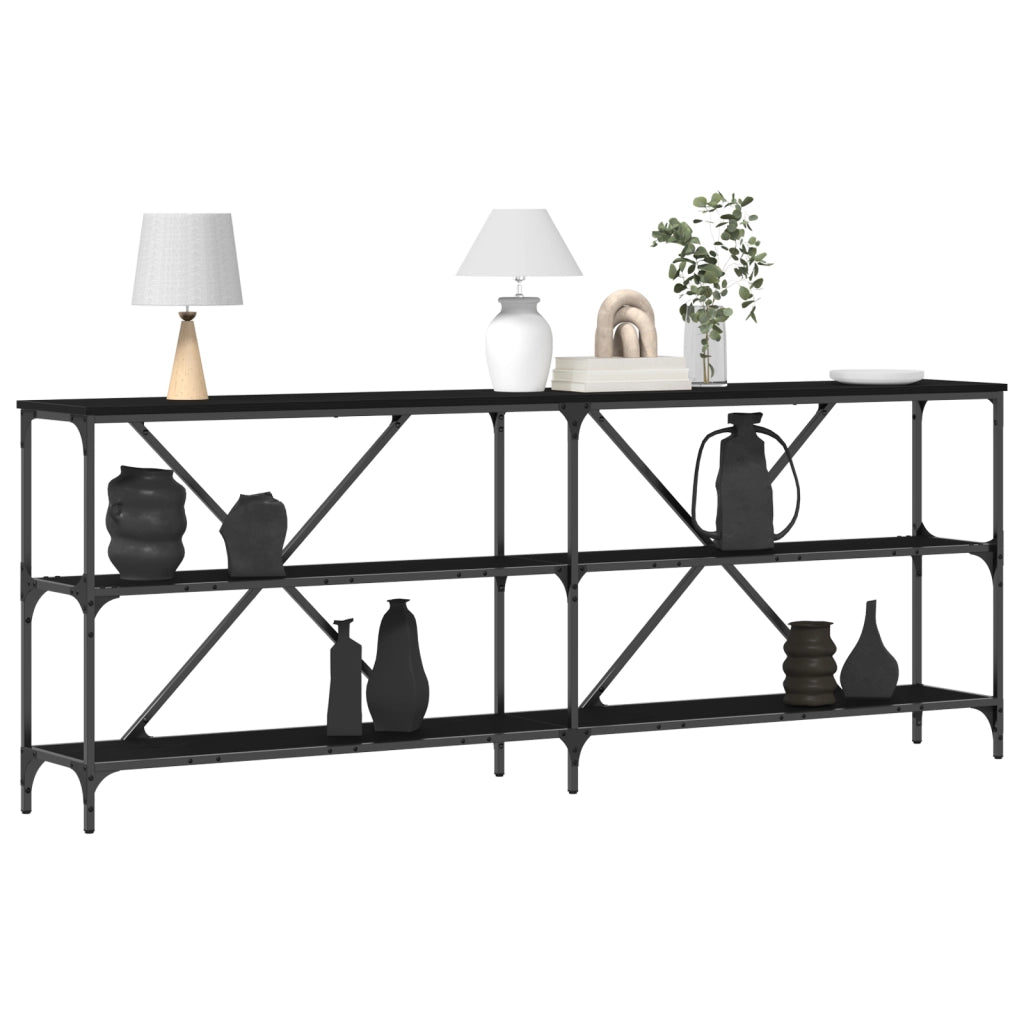 Tavolino Consolle Nero Quercia 200x30x75 cm Legno Ingranato e Acciaio