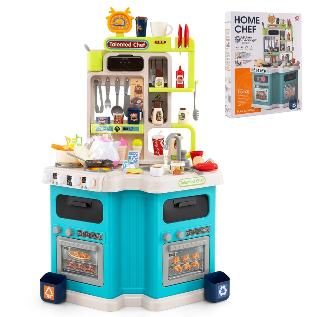 Cucina da gioco angolare con 75 accessori per bambini 3+ anni, Cucinetta in legno con suoni e luci realistici Blu