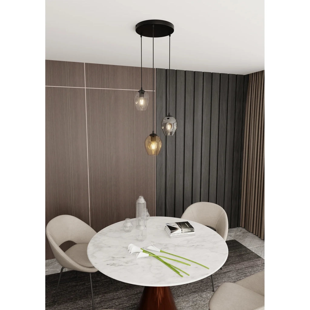 Lampadario 3 Luci Fuxi Base Tonda Acciaio Nero E Vetri Ambra Trasparente E Fumè