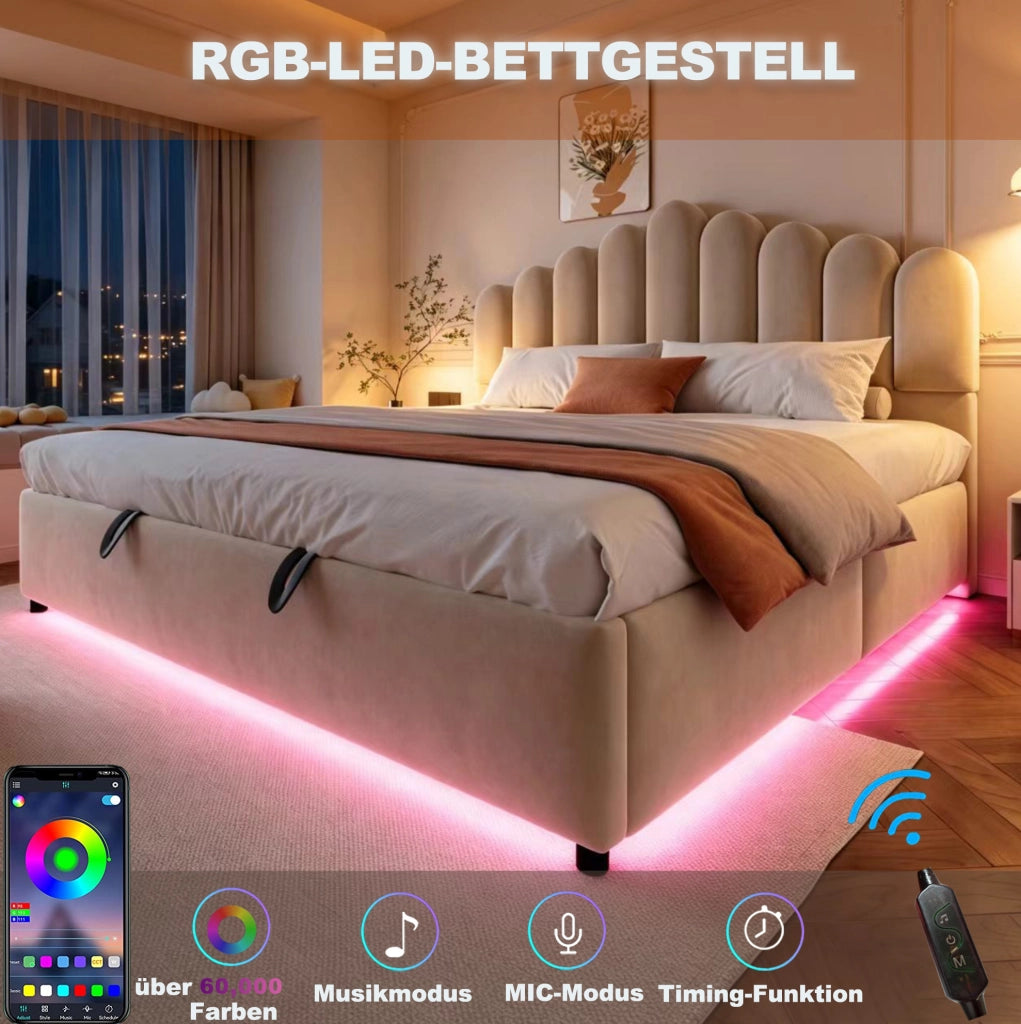 Letto matrimoniale imbottito con contenitore 180x200 cm in velluto beige; con LED e testiera comfort