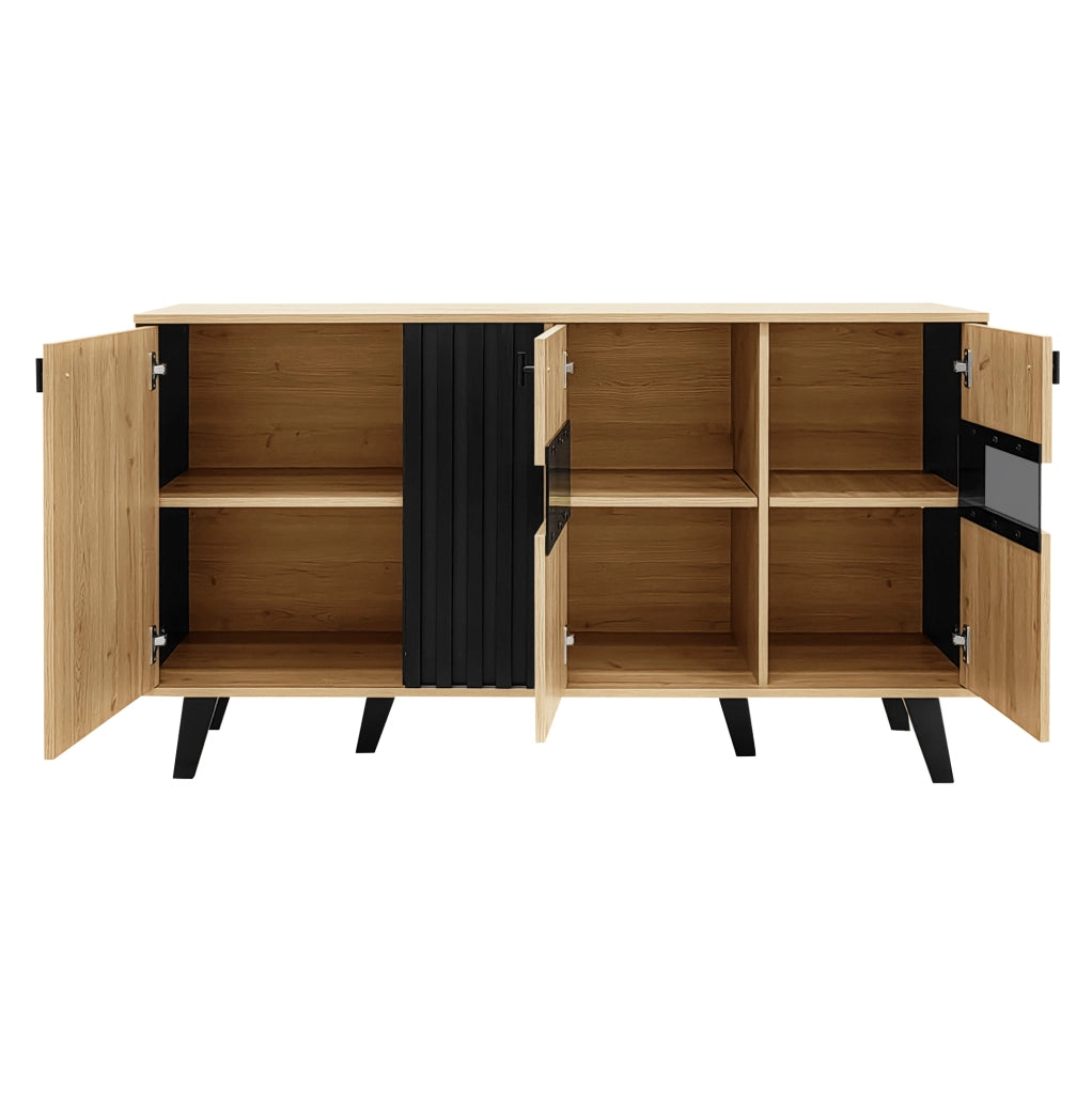 Credenza 140x78.5x41 cm con 3 ante; ripiani e LED; vetro e pannello truciolare