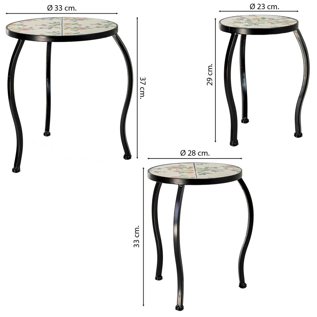 Set di 3 supporti in mosaico Beige e ferro battuto: 33x33x37h, 28x28x3