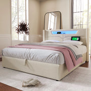 LETTO matrimoniale 140x200 cm in lino beige con LED e porte USB/Type C
