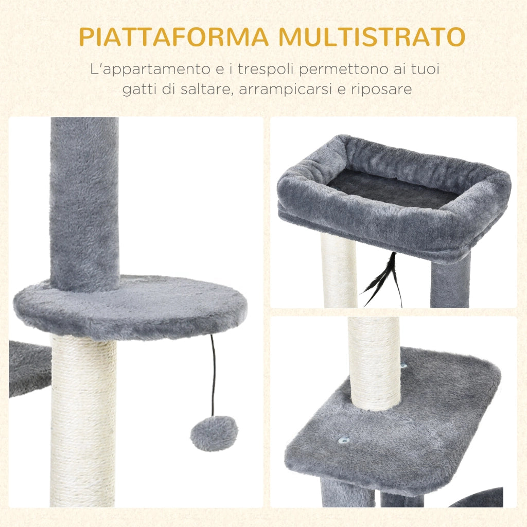 Castello per Gatti con Ripiani e Cuccia ¨C Zephmum ¨C Bianco e Grigio 48x35x100cm