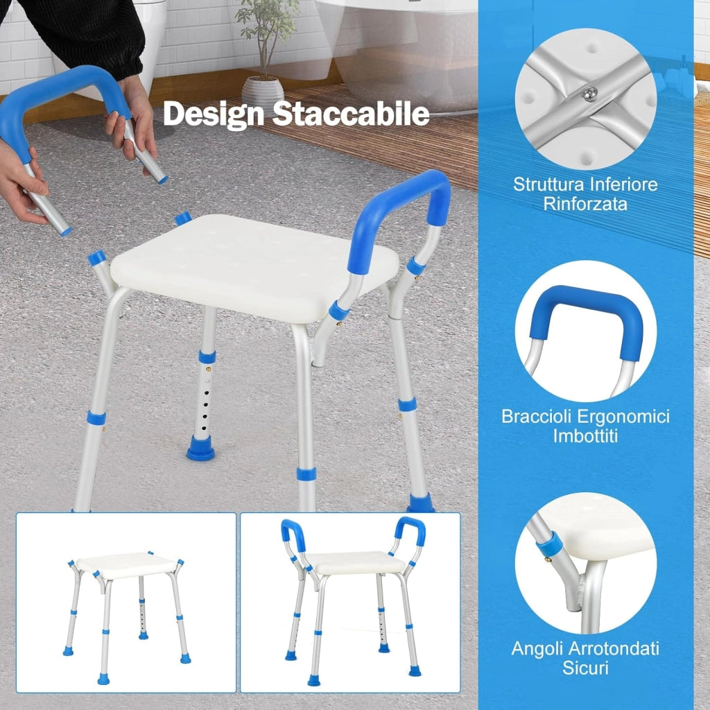 Sgabello Doccia, Sedia per Doccia Regolabile in 6 Altezze con Braccioli Imbottiti Staccabili e Piedini in Gomma Antiscivola, Portata 100 kg, Seggiolino da Bagno per Anziani (Blu)