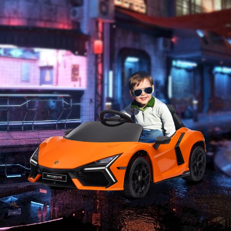 Auto elettrica per bambini ispirata Lamborghini, con telecomando, luci LED e 3 velocità, arancione