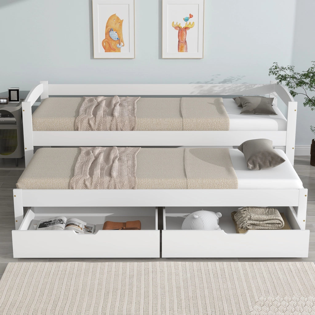 Letto a scomparsa singolo e matrimoniale con letto estraibile, 2 cassetti in MDF, struttura in legno massello bianco