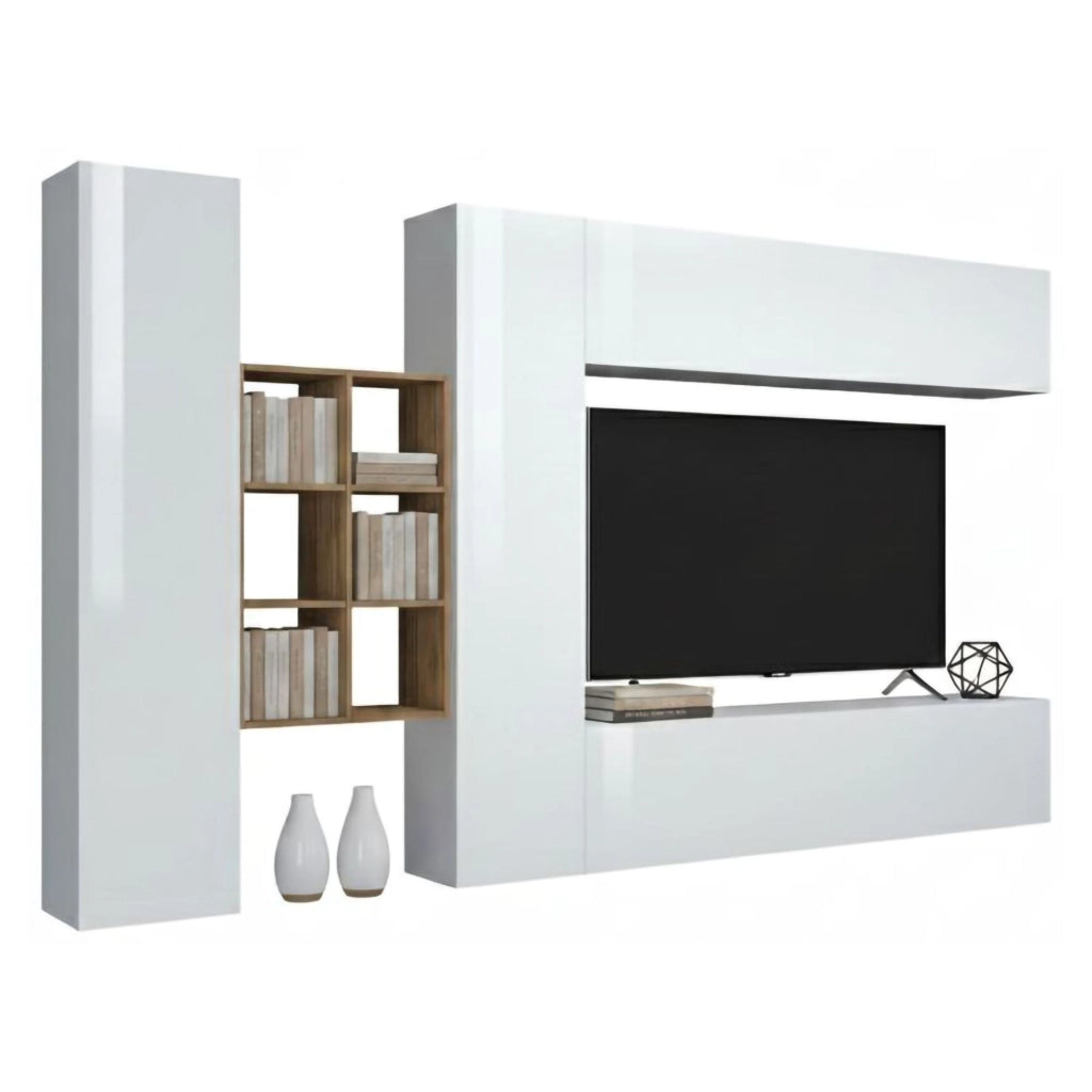 Parete attrezzata Agna, Set salotto porta TV a 4 ante, Mobile soggiorno multiuso, 100% Made in Italy, cm 280x30h180, Bianco lucido e Acero