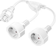 Cavo di allungamento AC Schuko a Y di plastica - cavo corto - presa a 2 poli - connessione a doppia testa - protezione IP20 - per uso domestico ufficio esterno - 3 x 15 mm² - massimo 250V 16A - bianco