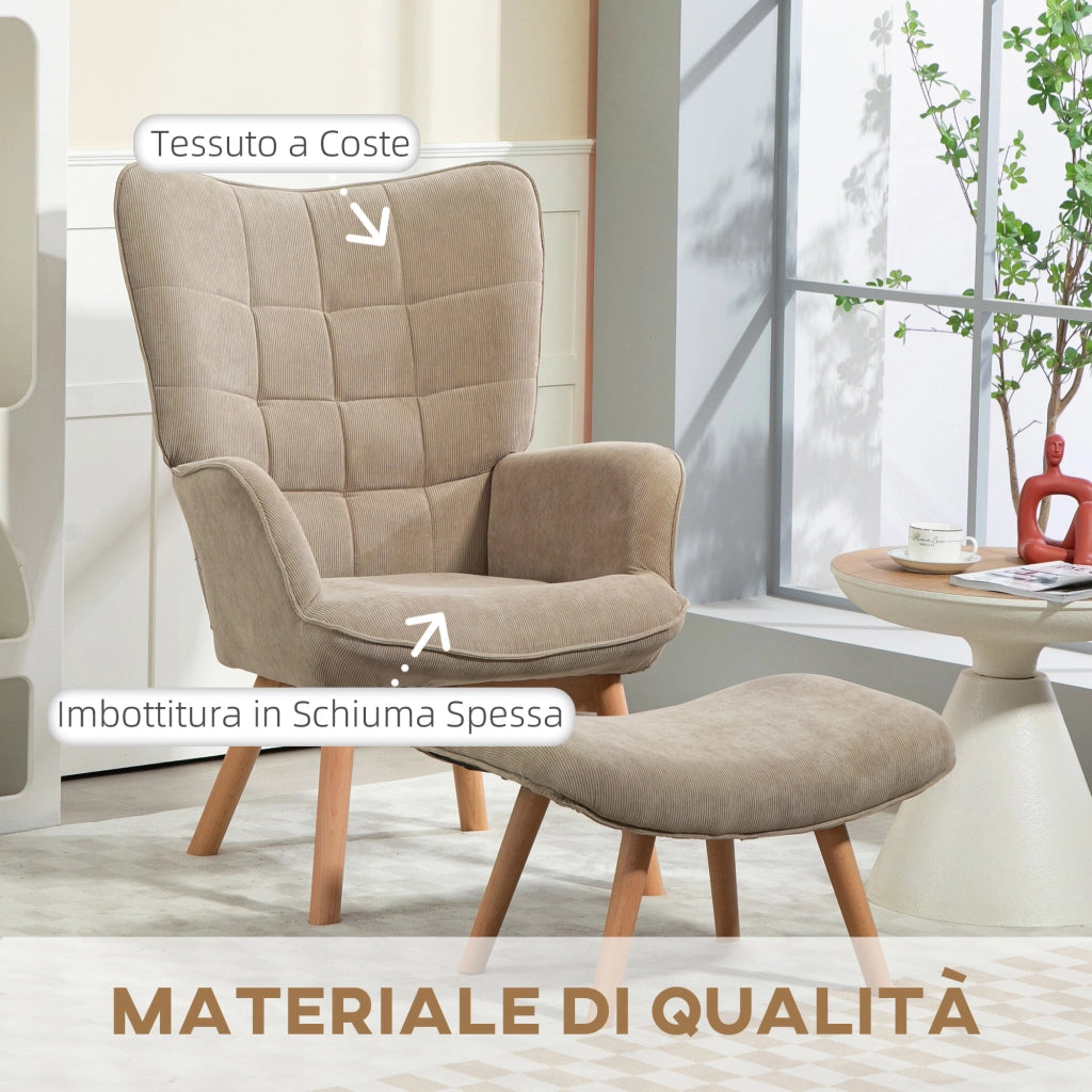 Poltrona con Poggiapiedi Design Moderno 72x80x101 cm in Tessuto Effetto Velluto Marrone Chiaro