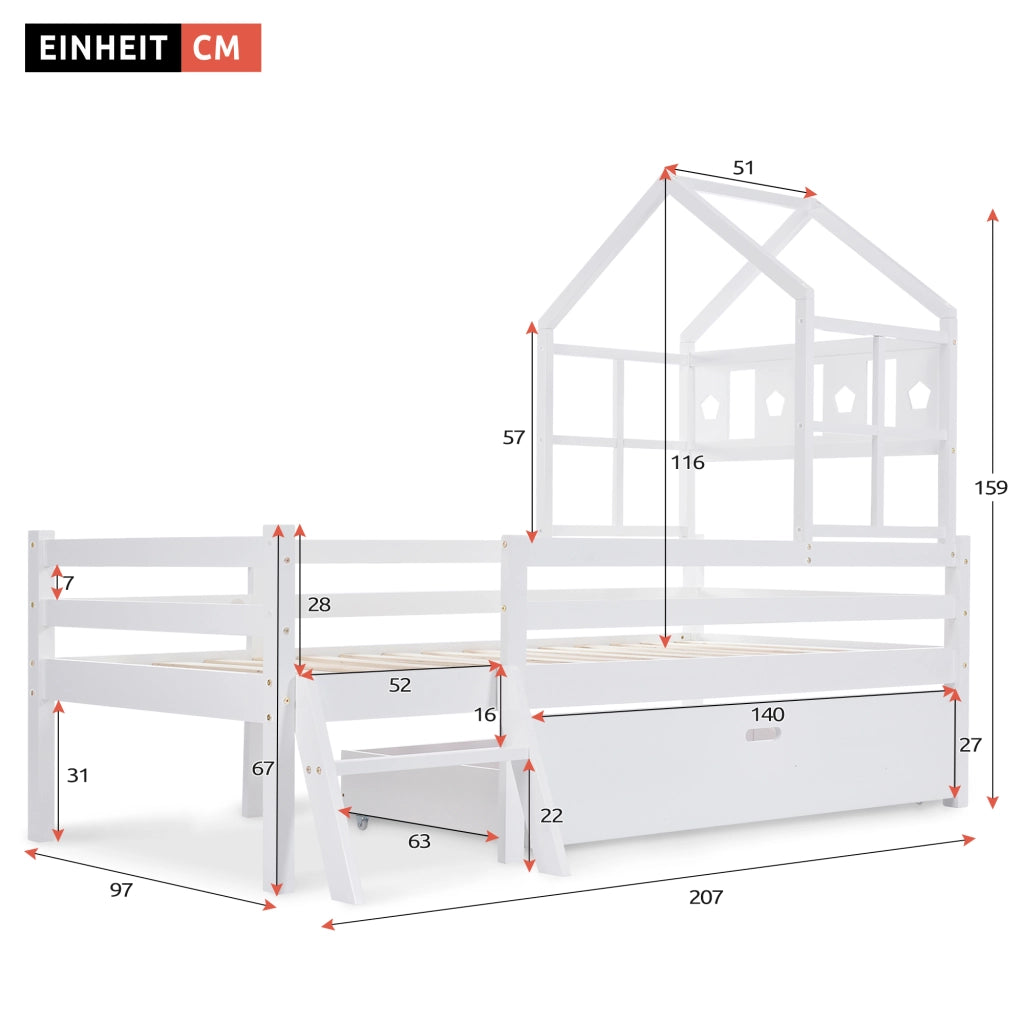 Letto a castello bianco con scala e cassetti in legno massello di pino 90x200 cm