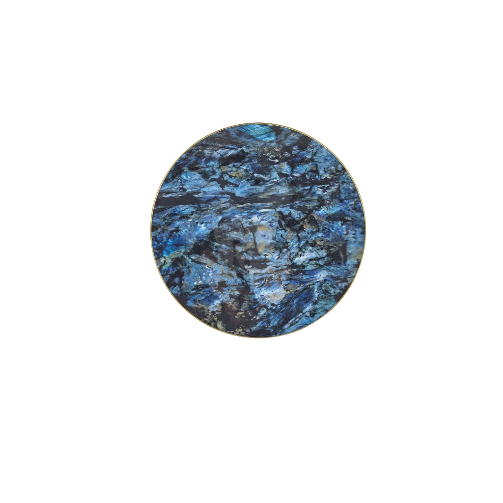Tavolino rotondo con bordo dorato e base stabile in MDF e metallo blu