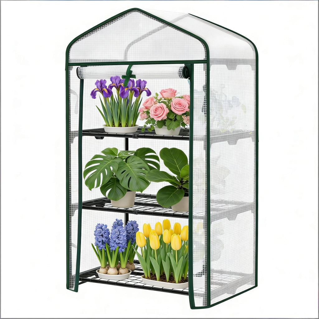 Semenzaio da giardino con porta arrotolabile in PE e struttura in metallo per balcone e terrazza bianco 69 × 49 × 125 cm