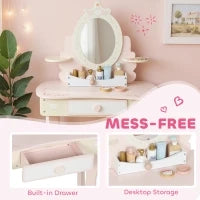 Set Toeletta con Specchio e Sgabello in Legno 2 in 1 per Bambini con 7 Accessori Inclusi, Rosa