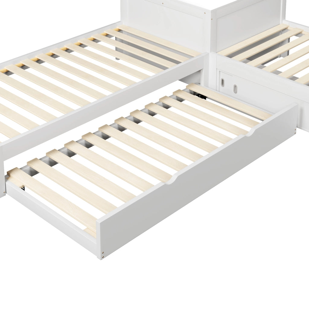 Letto singolo 90 × 200 cm con letto estraibile, contenitore con ante scorrevoli et luce notturna LED, senza materasso, bianco
