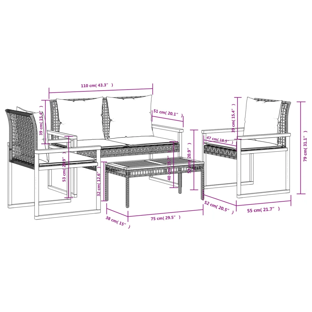 Set Salotto da Giardino 4 pz | Set di Mobili da Esterno con Cuscini Beige Misto Polyrattan