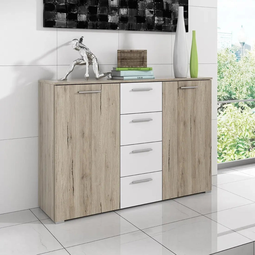 Credenza design 2 porte e 4 cassetti 130cm. Collezione EOS colore rovere chiaro e bianco
