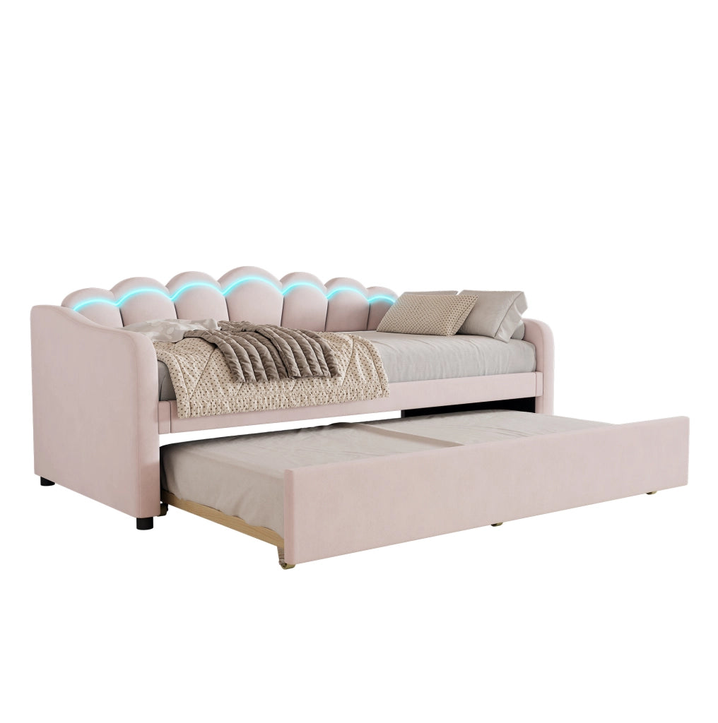 Divano letto 90x200 cm estraibile; LED; velluto; rosa (Senza materasso)