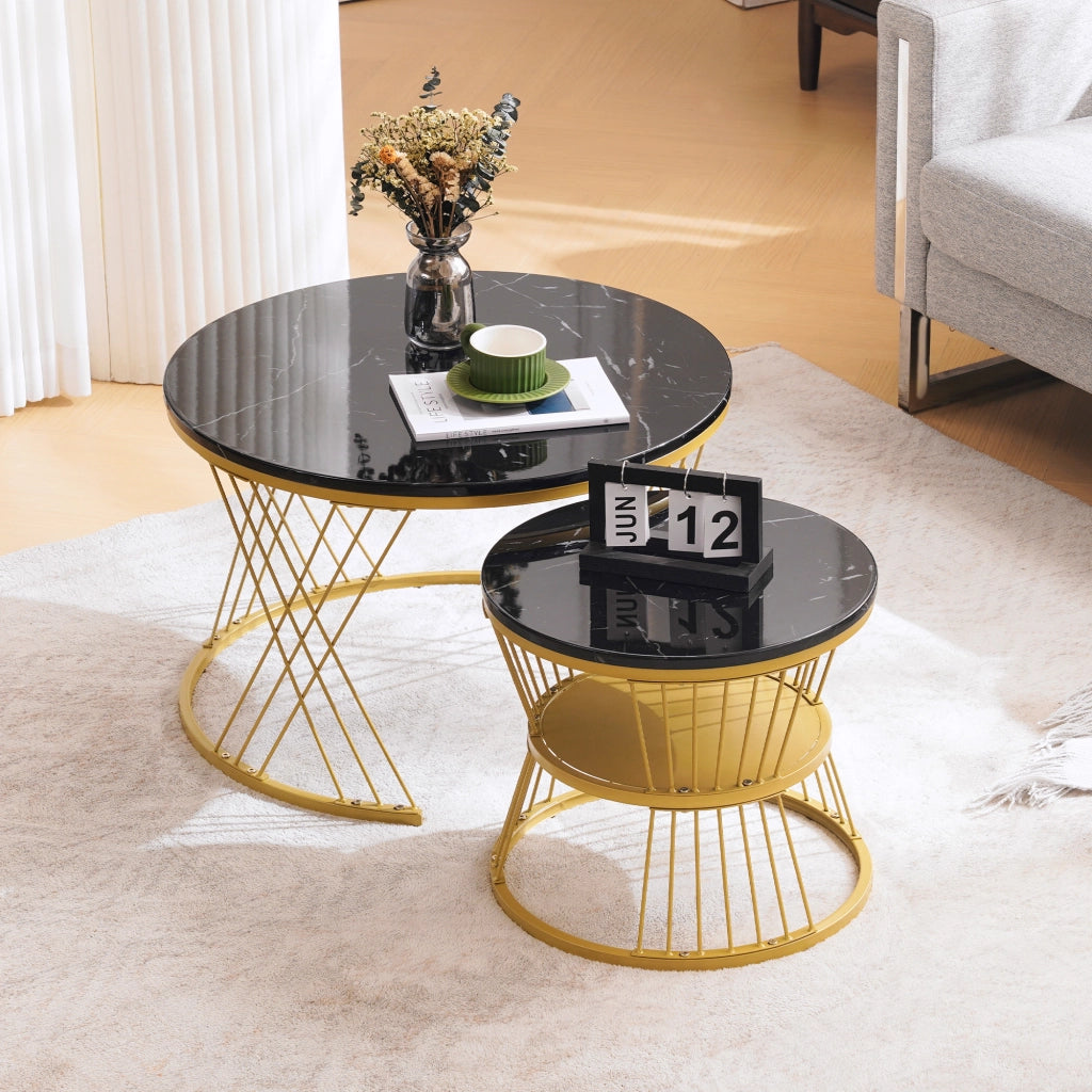 Tavolini da Caff¨¨ Rotondi Impilabili; 2 Tavolini con Piano Lucido Effetto Marmo; Struttura in Metallo Oro e MDF; Nero