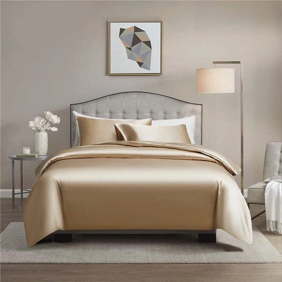 Set di lenzuola da letto, 135 x 200 cm, dorato, 2 pezzi, lusso, coperta da letto confortevole con chiusura a cerniera e cuscino 80 x 80 cm