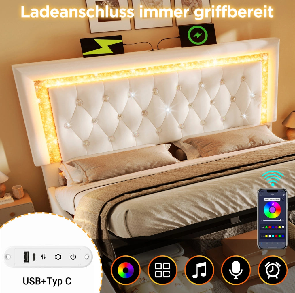 Letto imbottito con LED, porta USB e vano contenitore