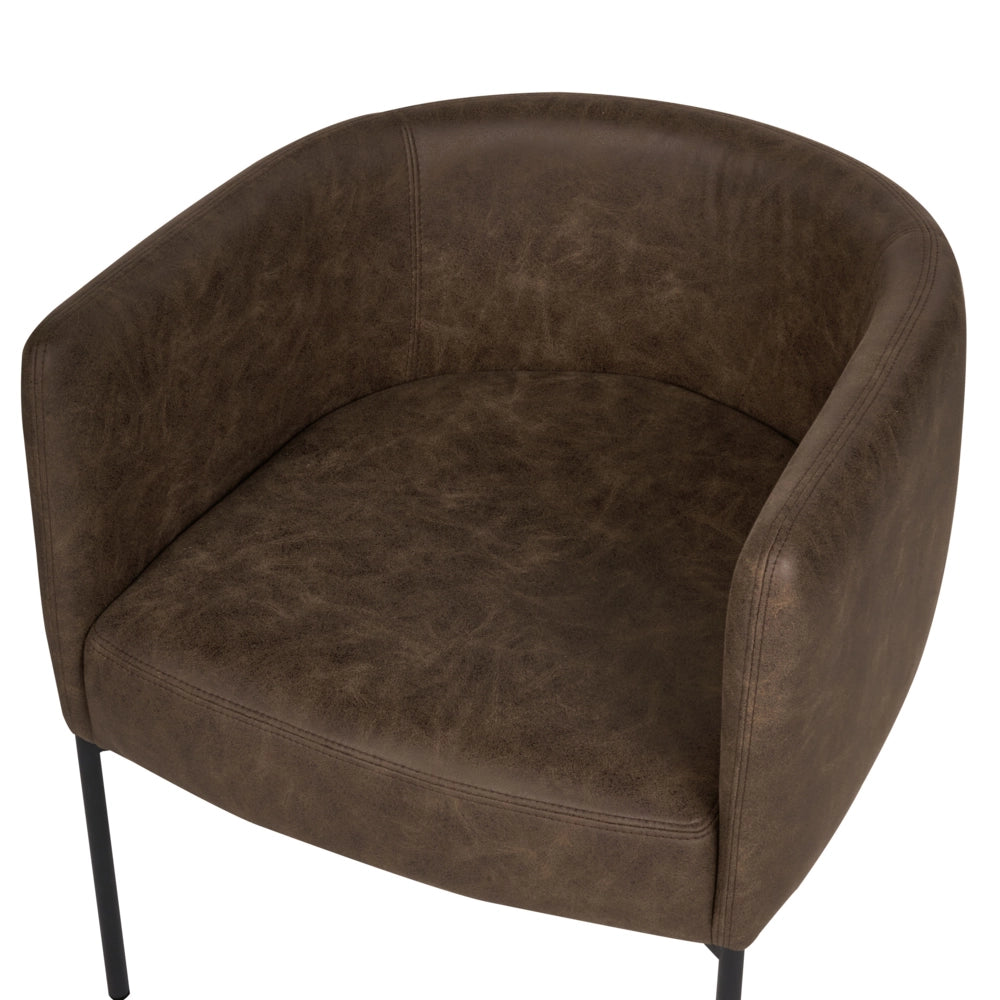 Poltrona in ecopelle marrone scuro con cuscino gambe in ferro nero stile retrò elegante