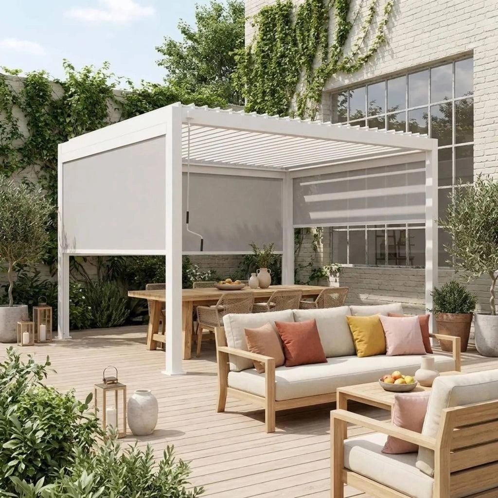 Pergola bioclimatica 3x4m in alluminio + 2 tende da 3m + 1 tenda da 4m