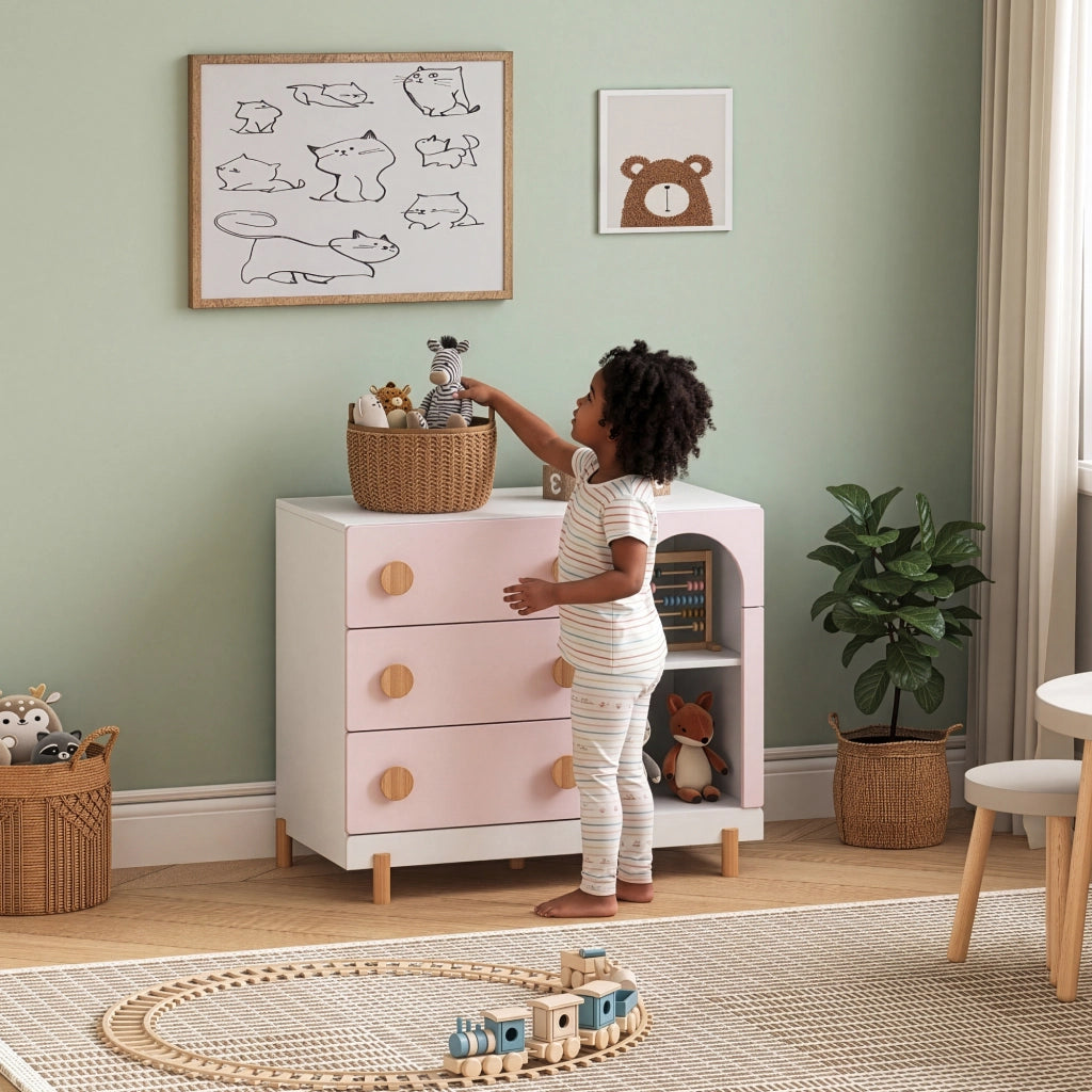 Cassettiera Vaarentaa per Cameretta con 3 Cassetti e 2 Vani Aperti 79x41x66 cm - Bianco/Rosa [en.casa]