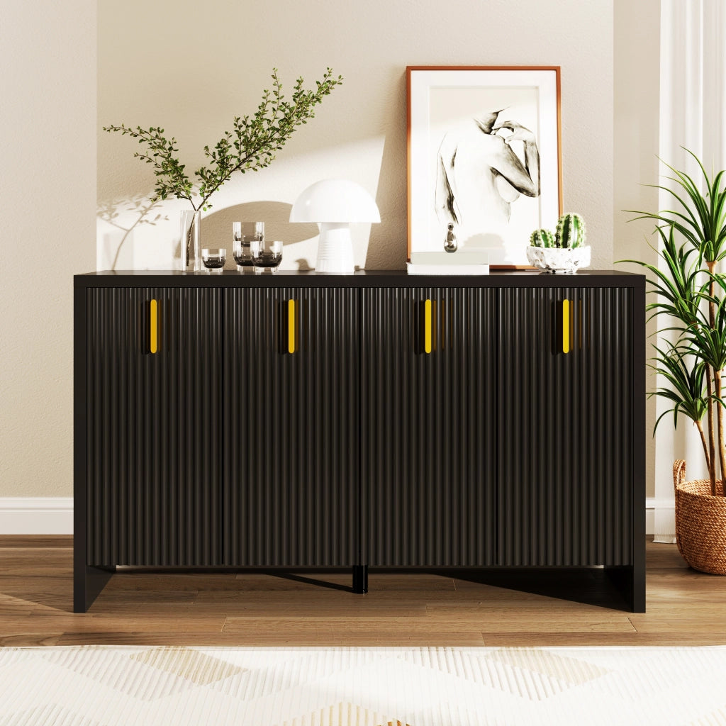 Sideboard 140 cm nero con 4 ante; maniglie dorate e ripiani regolabili