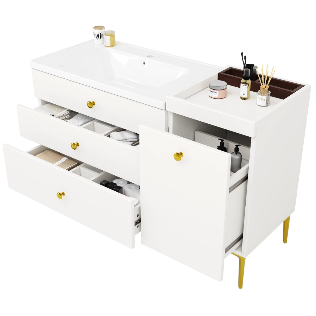 Mobile Bagno con Lavabo in Ceramica ¨C MINIMAL ¨C Bianco/Oro, Cassetti, Sottolavabo