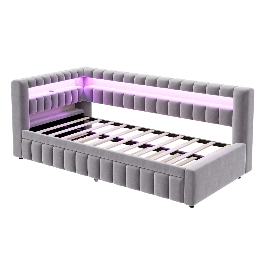 Letto imbottito trasformabile 90x200 cm con letto estraibile, LED, porte USB e C, velluto grigio chiaro