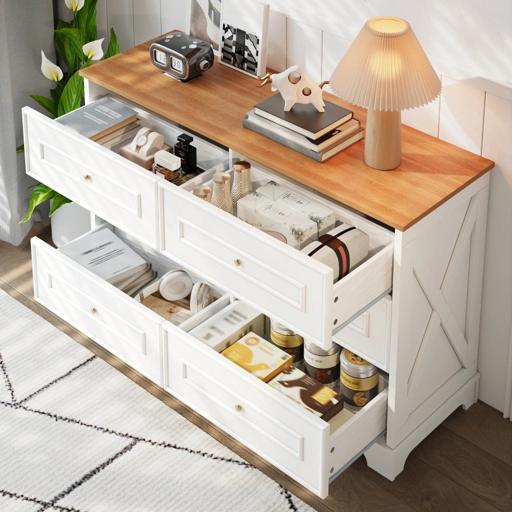 OKWISH Madia con 6 Cassetti, Stile Country, per Sala da Pranzo, Soggiorno o Ingresso, MDF, Bianco, 120 x 40 x 76 cm