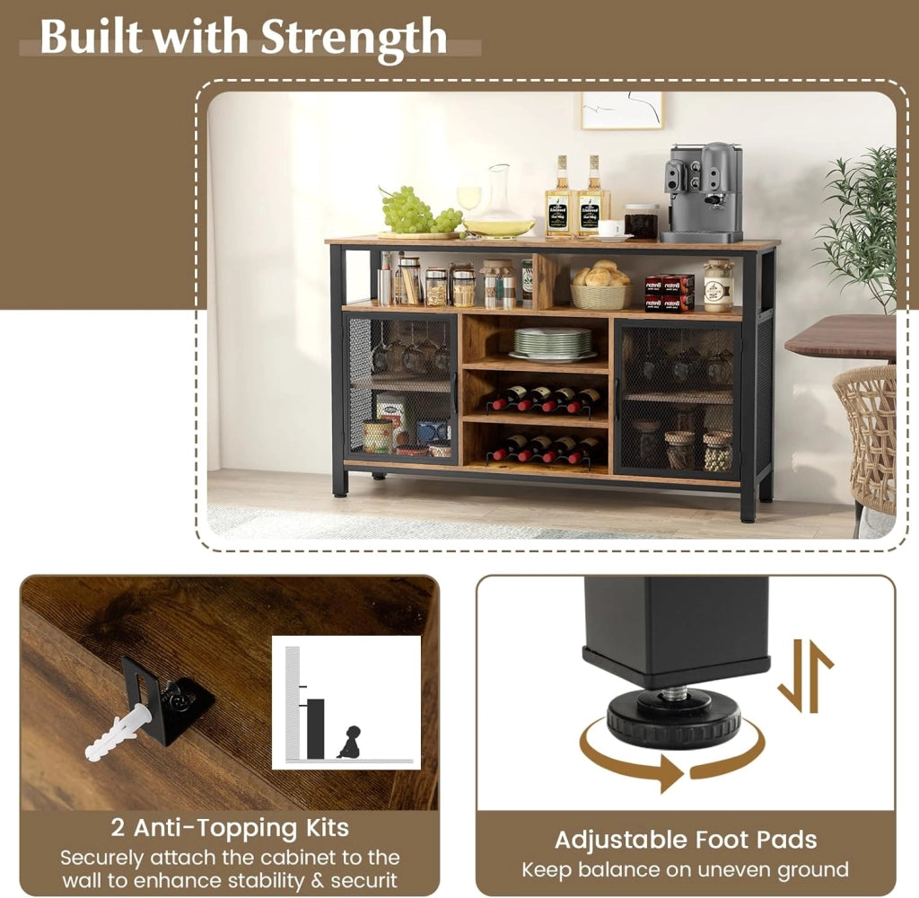 Credenza da Buffet, Mobilellto da Cucina con Portabottiglie e Portabicchieri, Porta TV per TV fino a 60" con 2 Armadietti con Anta, 3 Ripiani e 2 Scomparti Aperti, Nero/Grigio(Marrone)