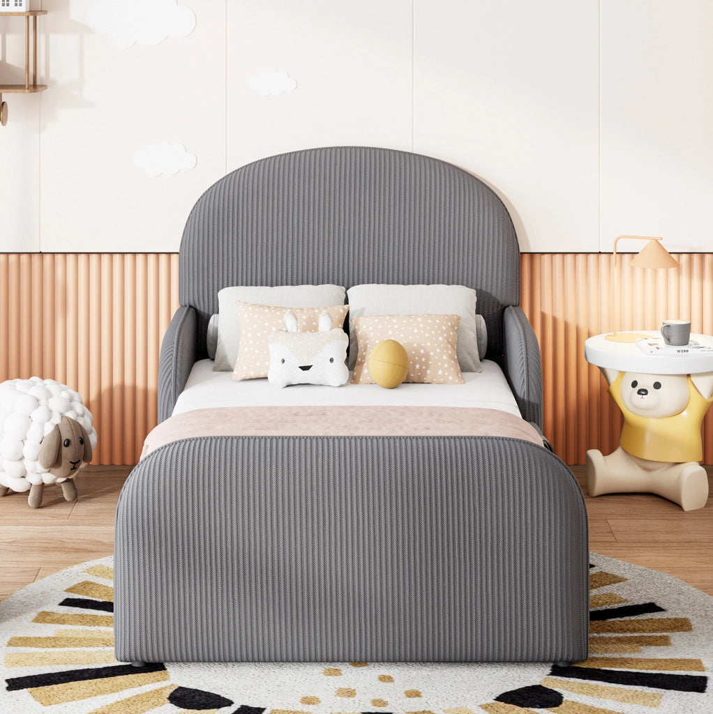 Letto imbottito per bambini 90x200 cm con contenitore idraulico e sponde laterali grigio