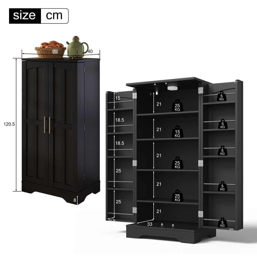 Credenza alta moderna 120x60x40 cm in MDF nero con luce LED sensore e ante scanalate