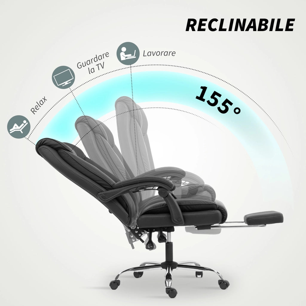 Sedia da Ufficio Reclinabile a 155° con Poggiapiedi Doppia Imbottitura e Rivestimento in Finta Pelle Nero