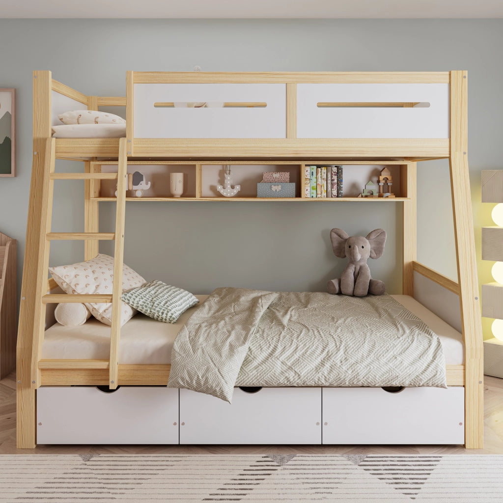 OKWISH Letto a Castello 90×200 cm e 120×200 cm, Letto 3 Posti con 3 Cassetti, Porta Libri e Scala, senza Materasso, Bianco Naturale