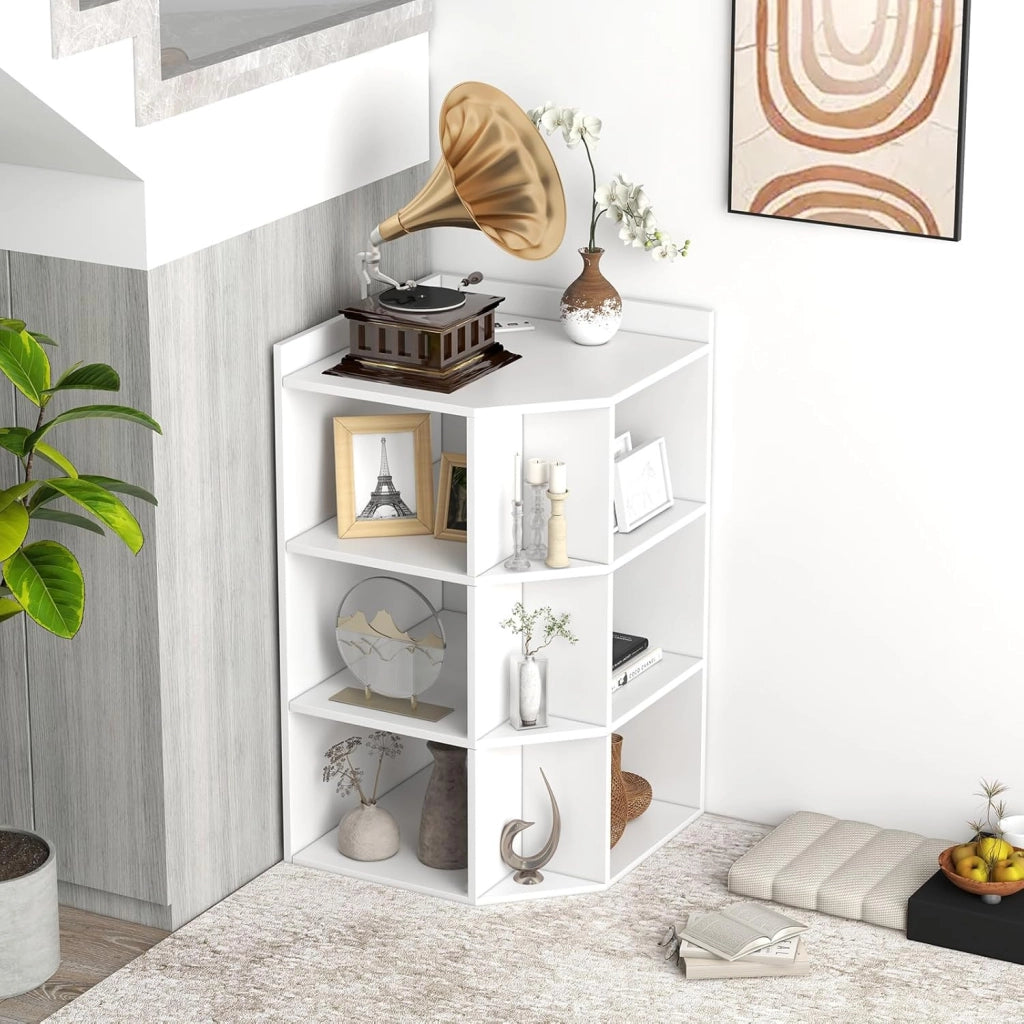 Libreria Angolare Triangolare con 3 Ripiani e 9 Vani Aperti, Presa di Ricarica Integrata, 51 x 71,5 x 86 cm, per Soggiorno e Studio (Bianco)