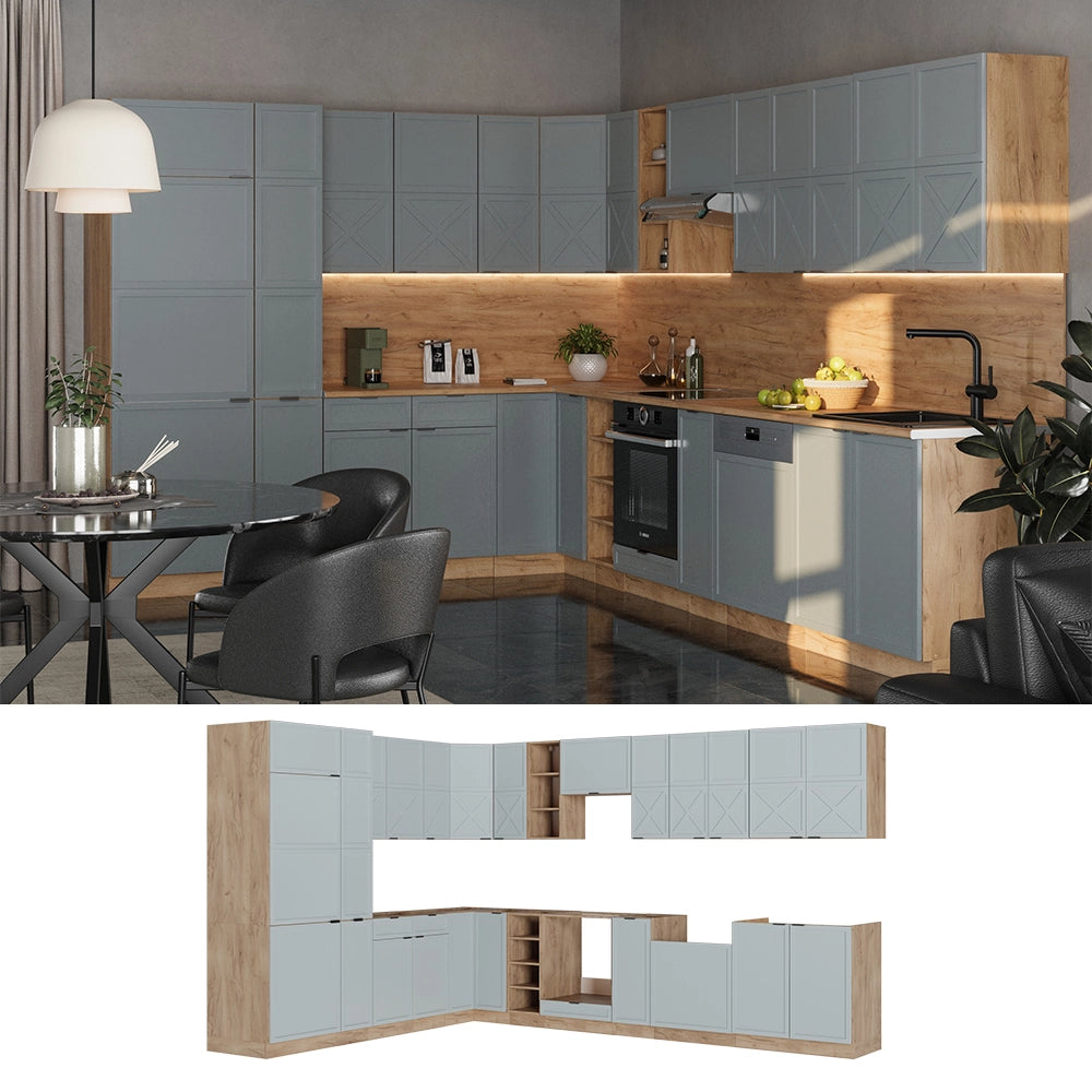 Cucina angolare completa Fame-Line Blu-grigio chiaro/Rovere dorato 347 x 60 cm, PL Antracite Vicco