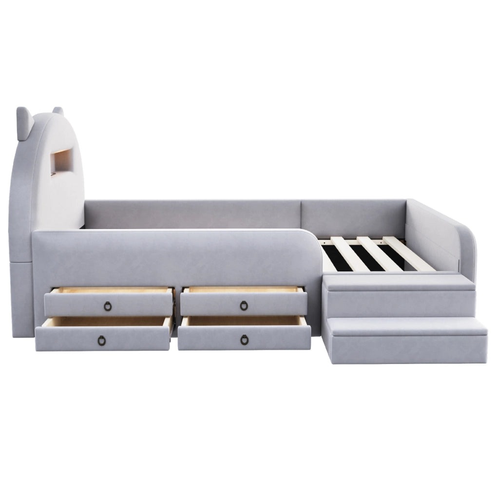 Letto per bambini 90x200 cm con testiera con contenitore; luce notturna e USB; rivestito grigio chiaro