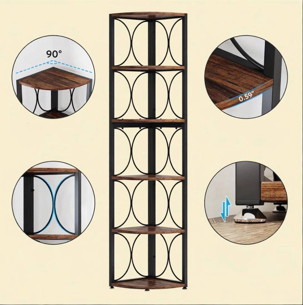 Scaffale angolare 6 ripiani nero marrone rustico, metallo e legno